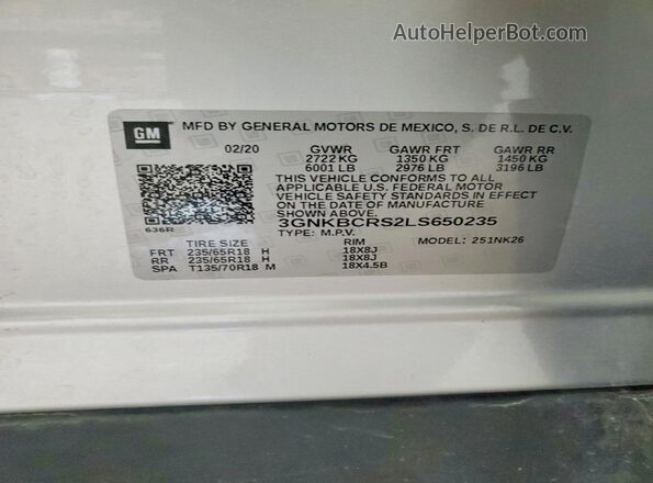 3GNKBCRS2LS650235 2020 CHEVROLET BLAZER Silver VIN sticker view