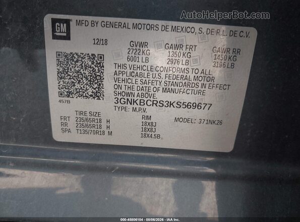 3GNKBCRS3KS569677 2019 CHEVROLET BLAZER Gray Engine compartment view