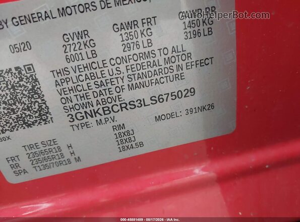 3GNKBCRS3LS675029 2020 CHEVROLET BLAZER Red Engine compartment view