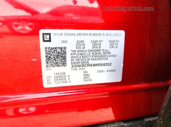 3GNKBCRS4MS556312 2021 CHEVROLET BLAZER Red Widok naklejki z numerem VIN