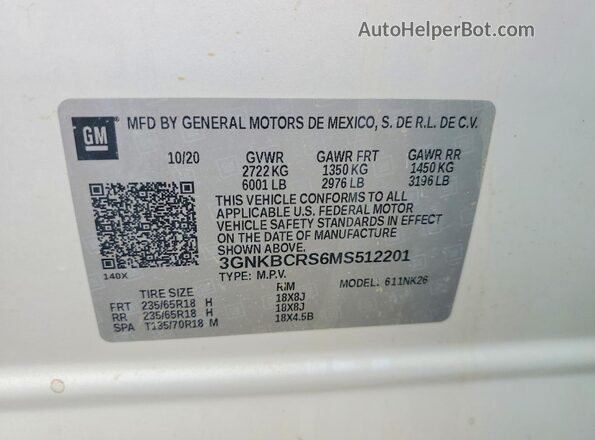 3GNKBCRS6MS512201 2021 CHEVROLET BLAZER White Vista interior de 360 grados