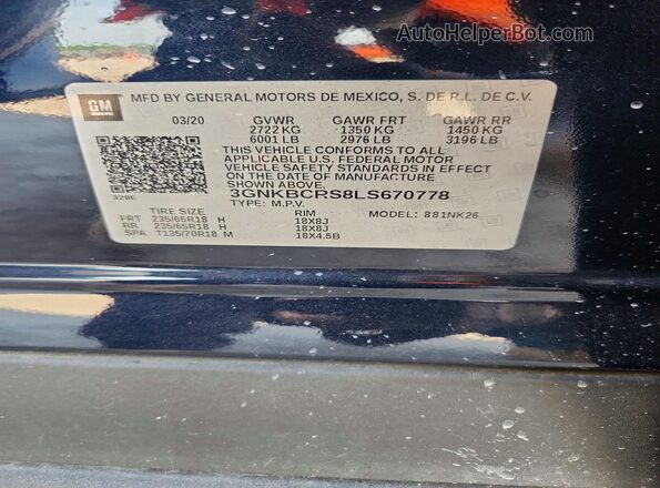 3GNKBCRS8LS670778 2020 CHEVROLET BLAZER Черный Вид наклейки с VIN-кодом