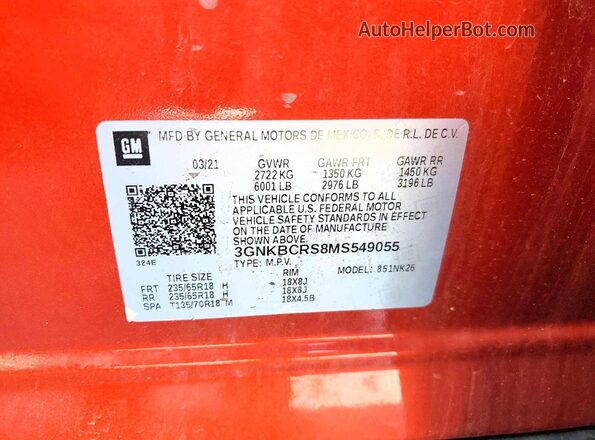 3GNKBCRS8MS549055 2021 CHEVROLET BLAZER Orange Вид наклейки з VIN-кодом