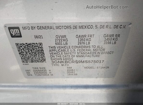 3GNKBCRS9MS575017 2021 CHEVROLET BLAZER Silver Vista del compartimento del motor
