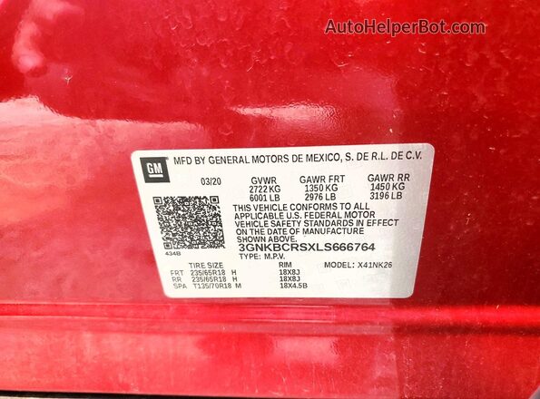 3GNKBCRSXLS666764 2020 CHEVROLET BLAZER Red Vista de la etiqueta del VIN