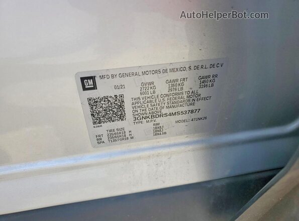 3GNKBDRS4MS537877 2021 CHEVROLET BLAZER Silver Vista de la etiqueta del VIN