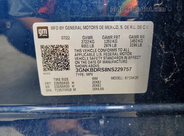 3GNKBDRS8NS229757 2022 CHEVROLET BLAZER Blue VIN კოდის სტიკერის ხედი