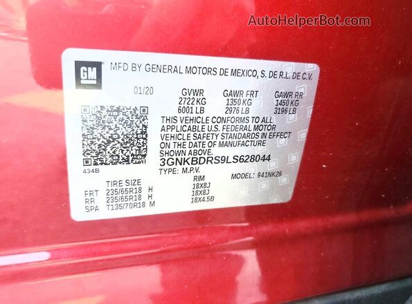 3GNKBDRS9LS628044 2020 CHEVROLET BLAZER Red Вид наклейки з VIN-кодом