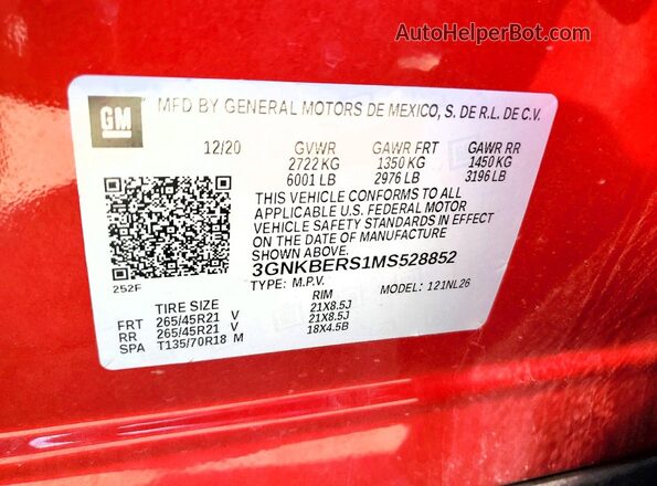 3GNKBERS1MS528852 2021 CHEVROLET BLAZER Красный Вид наклейки с VIN-кодом
