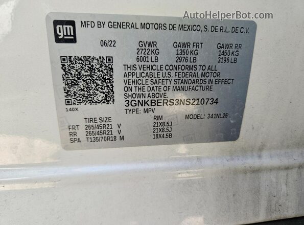 3GNKBERS3NS210734 2022 CHEVROLET BLAZER White Widok naklejki z numerem VIN