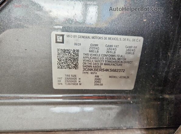 3GNKBERS4KS682372 2019 CHEVROLET BLAZER Gray Вид наклейки з VIN-кодом