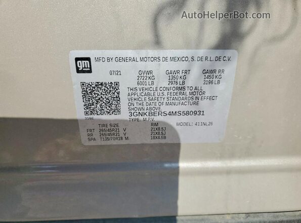 3GNKBERS4MS580931 2021 CHEVROLET BLAZER Gray VIN կոդի պիտակի տեսք