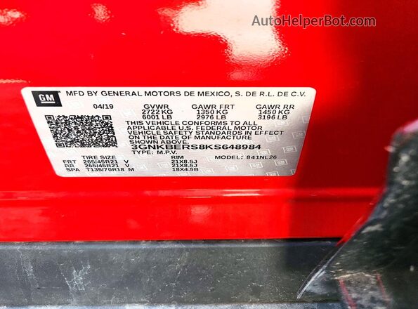 3GNKBERS8KS648984 2019 CHEVROLET BLAZER Red ძრავის განყოფილების ხედი