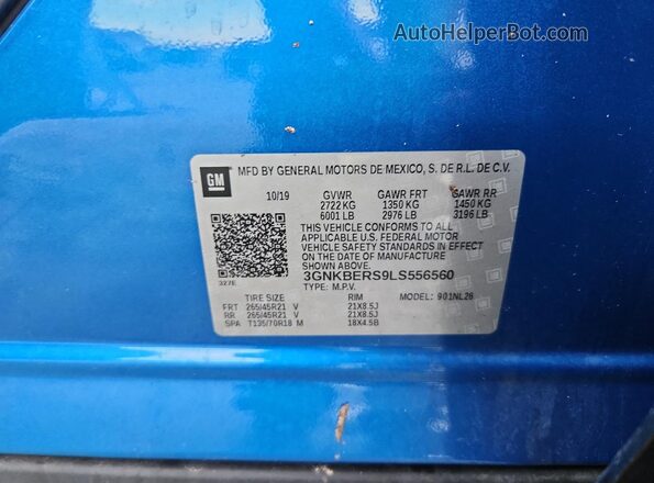 3GNKBERS9LS556560 2020 CHEVROLET BLAZER Blue Widok naklejki z numerem VIN