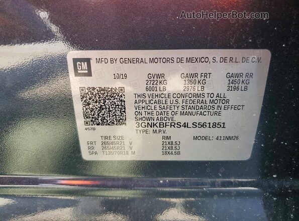 3GNKBFRS4LS561851 2020 CHEVROLET BLAZER Gray Widok naklejki z numerem VIN