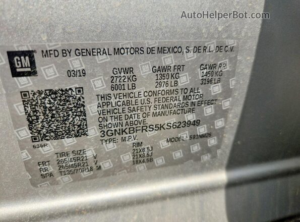3GNKBFRS5KS623949 2019 CHEVROLET BLAZER Silver Vista de la etiqueta del VIN