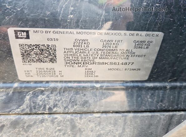 3GNKBGRS8KS614877 2019 CHEVROLET BLAZER Charcoal Vista de la etiqueta del VIN