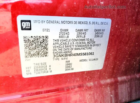 3GNKBHR40MS581061 2021 CHEVROLET BLAZER Red VIN კოდის სტიკერის ხედი
