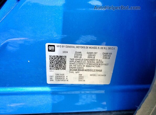 3GNKBHR40SS123968 2025 CHEVROLET BLAZER Blue Vista de la etiqueta del VIN