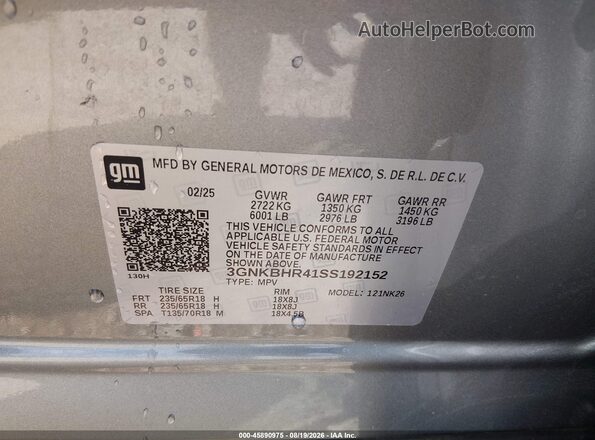 3GNKBHR41SS192152 2025 CHEVROLET BLAZER Gray Շարժիչի բաժամունքի տեսք