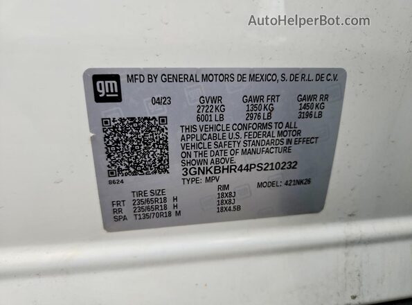 3GNKBHR44PS210232 2023 CHEVROLET BLAZER White Vista de la etiqueta del VIN
