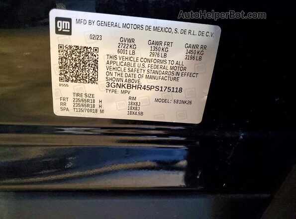 3GNKBHR45PS175118 2023 CHEVROLET BLAZER Черный Вид наклейки с VIN-кодом