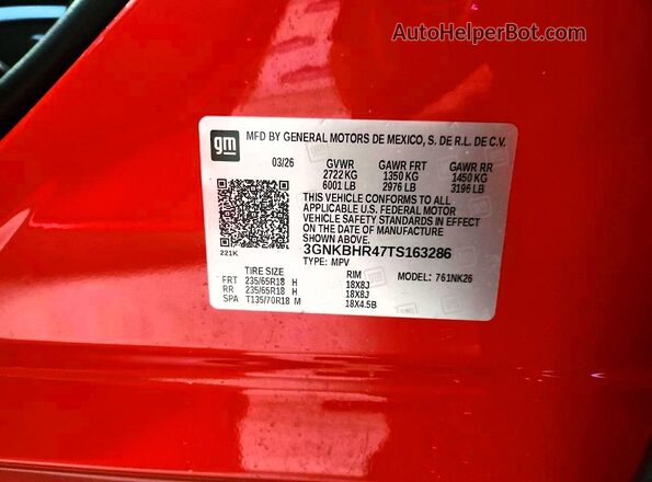3GNKBHR47TS163286 2026 CHEVROLET BLAZER Orange Vista de la etiqueta del VIN