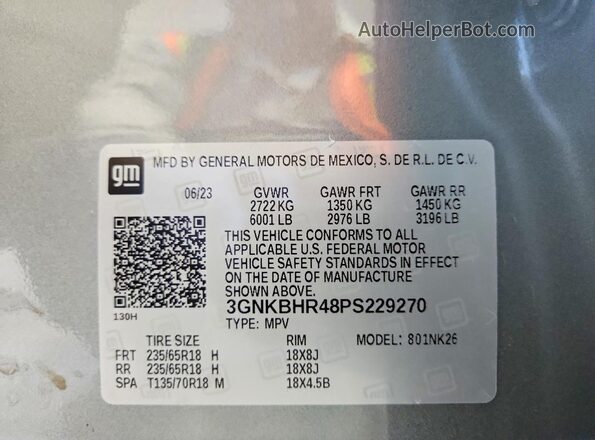 3GNKBHR48PS229270 2023 CHEVROLET BLAZER Gray Вид наклейки з VIN-кодом