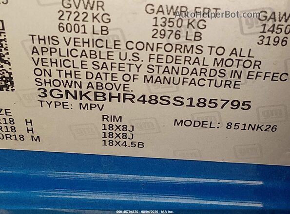 3GNKBHR48SS185795 2025 CHEVROLET BLAZER Blue Vista del compartimento del motor