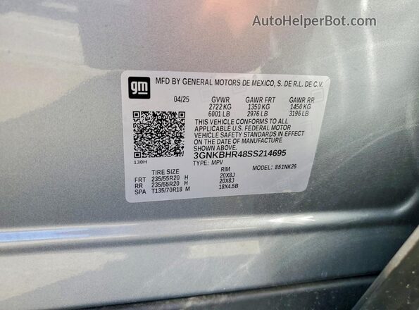3GNKBHR48SS214695 2025 CHEVROLET BLAZER Silver VIN კოდის სტიკერის ხედი