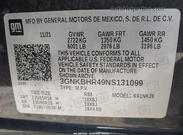 3GNKBHR49NS131099 2022 CHEVROLET BLAZER Gray Вид наклейки з VIN-кодом