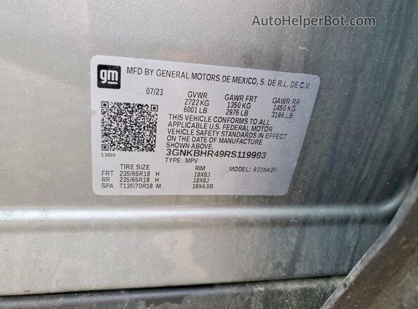 3GNKBHR49RS119993 2024 CHEVROLET BLAZER Gray Вид наклейки з VIN-кодом