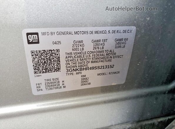 3GNKBHR49SS213152 2025 CHEVROLET BLAZER Gray Vista de la etiqueta del VIN