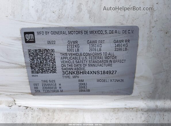 3GNKBHR4XNS184927 2022 CHEVROLET BLAZER Белый Вид подкапотного пространства