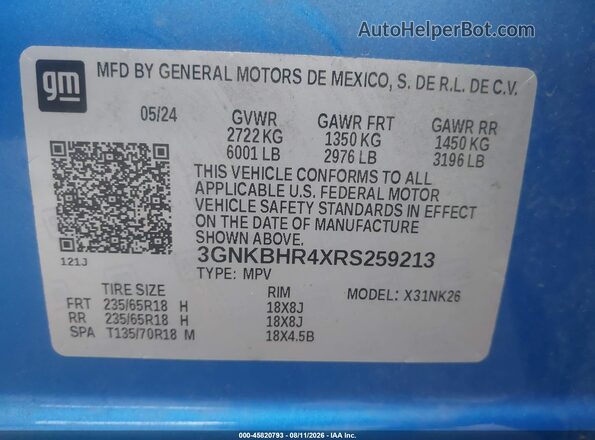 3GNKBHR4XRS259213 2024 CHEVROLET BLAZER Blue Widok komory silnika