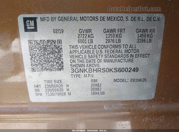 3GNKBHRS0KS600249 2019 CHEVROLET BLAZER Gold Widok komory silnika