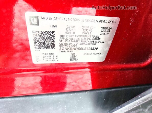 3GNKBHRS0LS626870 2020 CHEVROLET BLAZER Red VIN კოდის სტიკერის ხედი