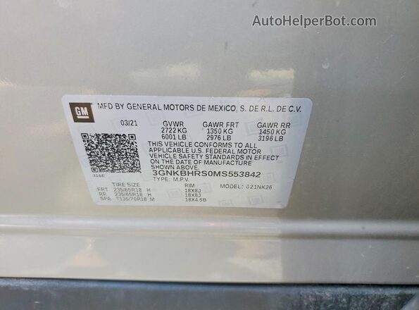 3GNKBHRS0MS553842 2021 CHEVROLET BLAZER Бежевый Вид наклейки с VIN-кодом