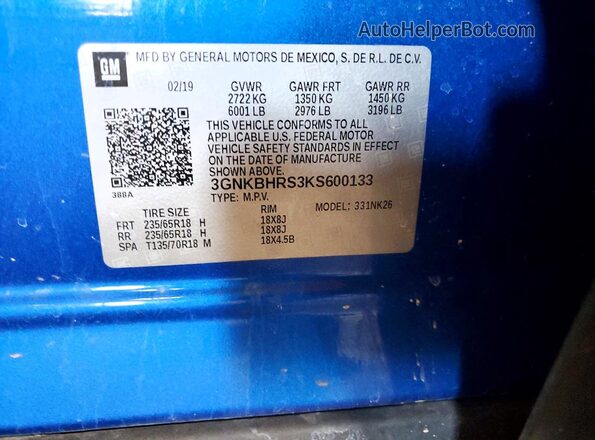 3GNKBHRS3KS600133 2019 CHEVROLET BLAZER Blue VIN sticker view
