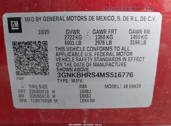 3GNKBHRS4MS516776 2021 CHEVROLET BLAZER Red Vista del compartimento del motor