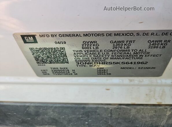 3GNKBHRS5KS641962 2019 CHEVROLET BLAZER Белый Вид подкапотного пространства