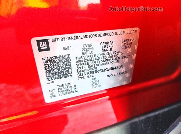 3GNKBHRS5KS664206 2019 CHEVROLET BLAZER Красный Вид подкапотного пространства