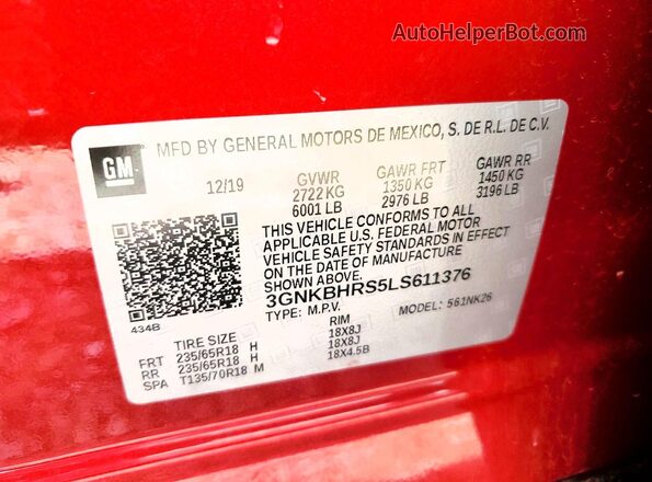 3GNKBHRS5LS611376 2020 CHEVROLET BLAZER Red VIN կոդի պիտակի տեսք