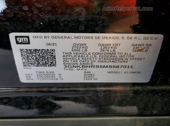 3GNKBHRS5MS567011 2021 CHEVROLET BLAZER Черный Вид наклейки с VIN-кодом