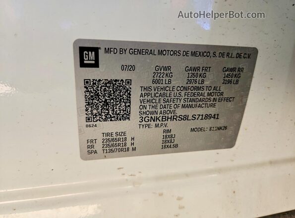 3GNKBHRS8LS718941 2020 CHEVROLET BLAZER White Vista de la etiqueta del VIN