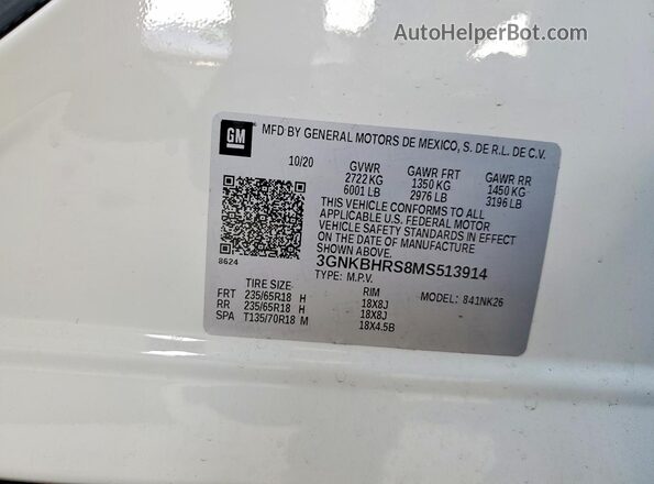 3GNKBHRS8MS513914 2021 CHEVROLET BLAZER White VIN sticker view