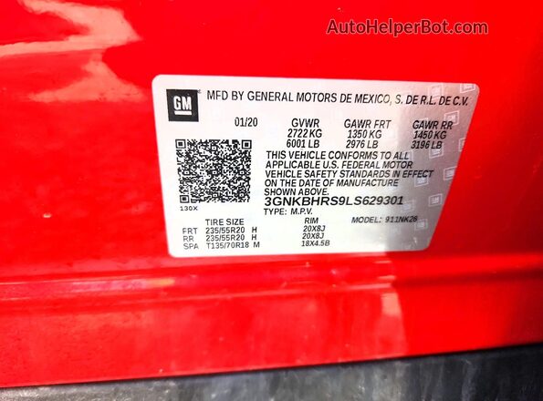 3GNKBHRS9LS629301 2020 CHEVROLET BLAZER Red Widok naklejki z numerem VIN