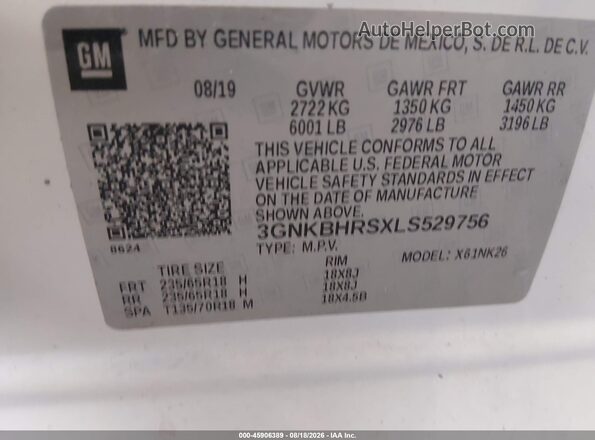 3GNKBHRSXLS529756 2020 CHEVROLET BLAZER White Engine compartment view