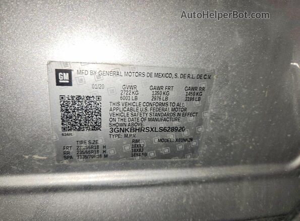 3GNKBHRSXLS628920 2020 CHEVROLET BLAZER Silver VIN კოდის სტიკერის ხედი