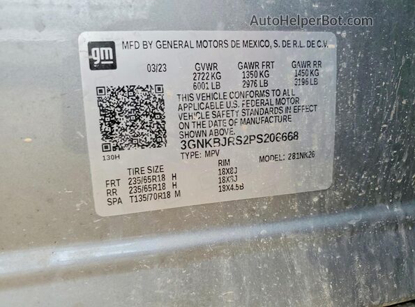 3GNKBJRS2PS206668 2023 CHEVROLET BLAZER Серый Вид наклейки с VIN-кодом